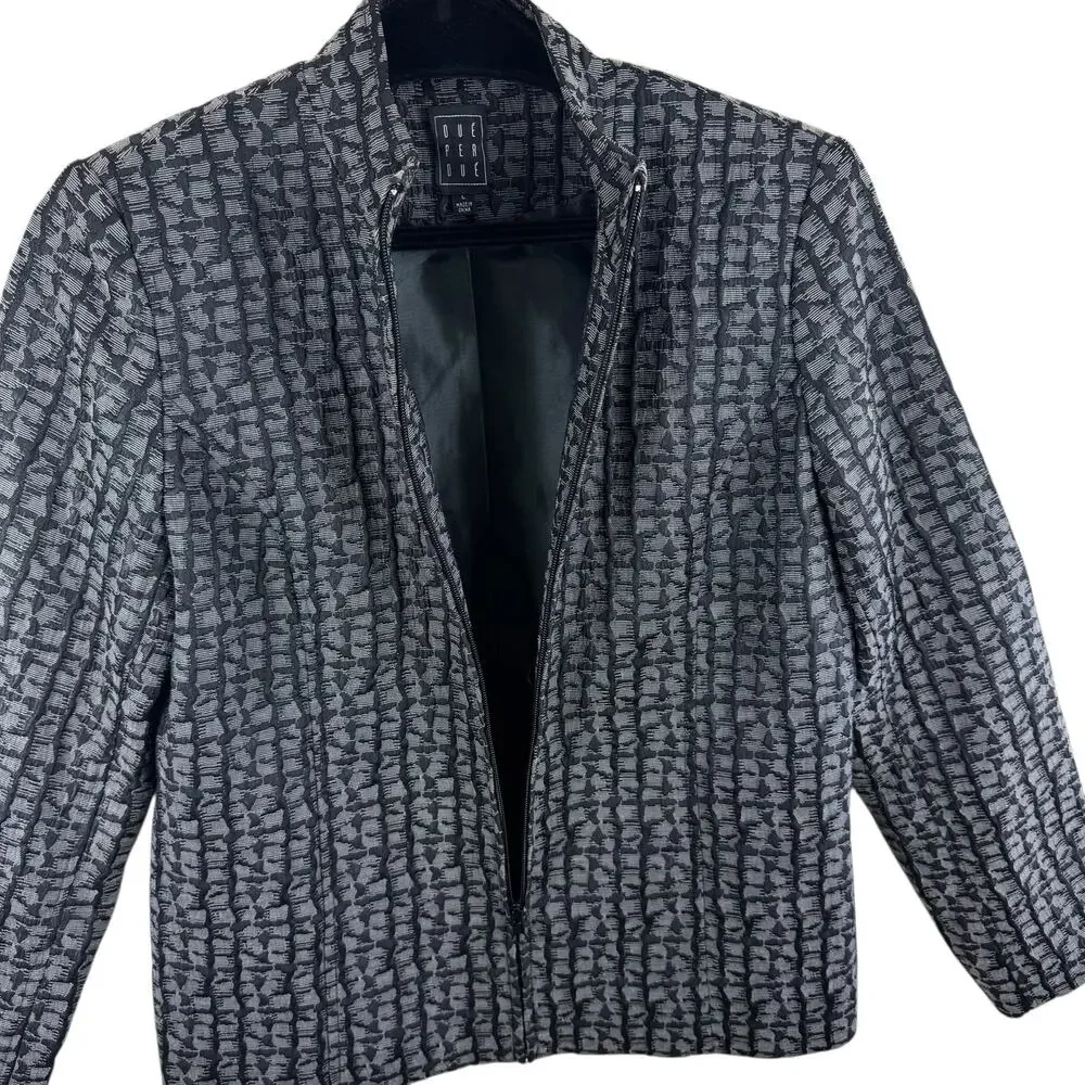 DUE PER DUE Black Gray Full Zip Lined Mock Neck‎ Tapestry Jacket Women's Size L